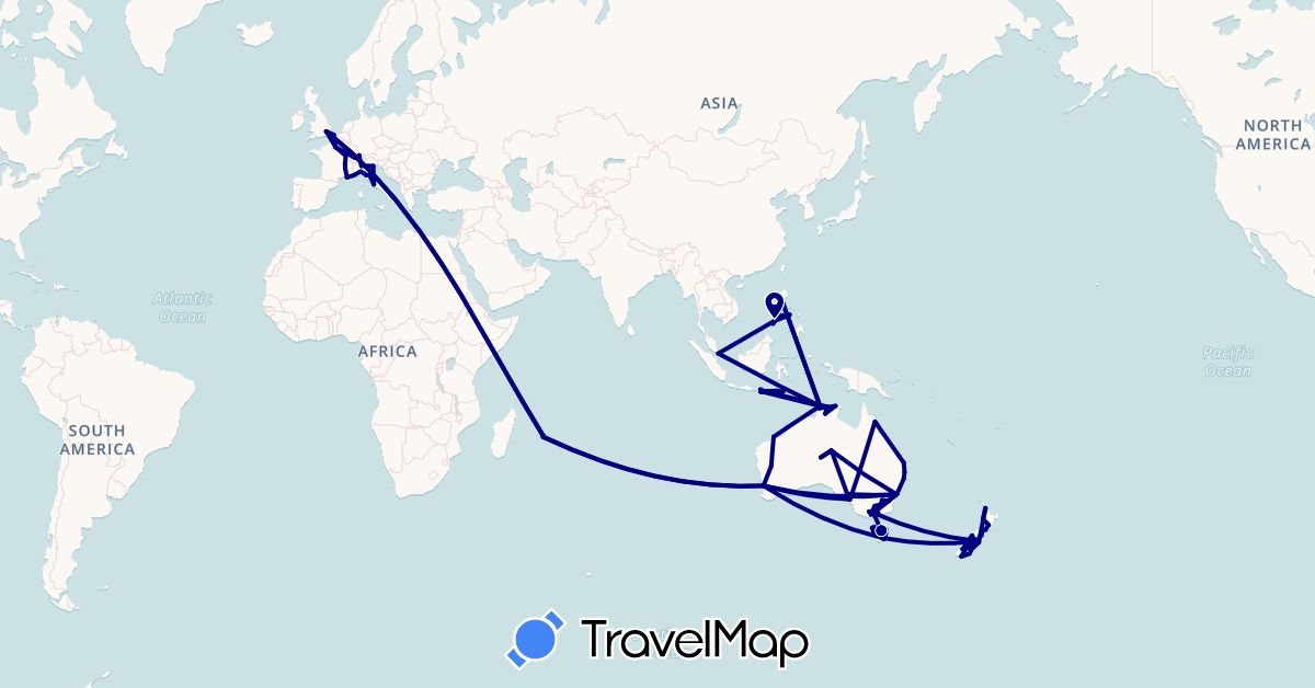 TravelMap itinerary: driving in Australia, Switzerland, France, United Kingdom, Indonesia, Italy, Mauritius, New Zealand, Philippines, Singapore (Africa, Asia, Europe, Oceania)